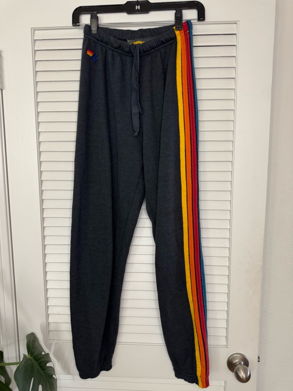 Aviator Nation Dark Navy Gray Sweatpant Joggers with Rainbow Side Stripes